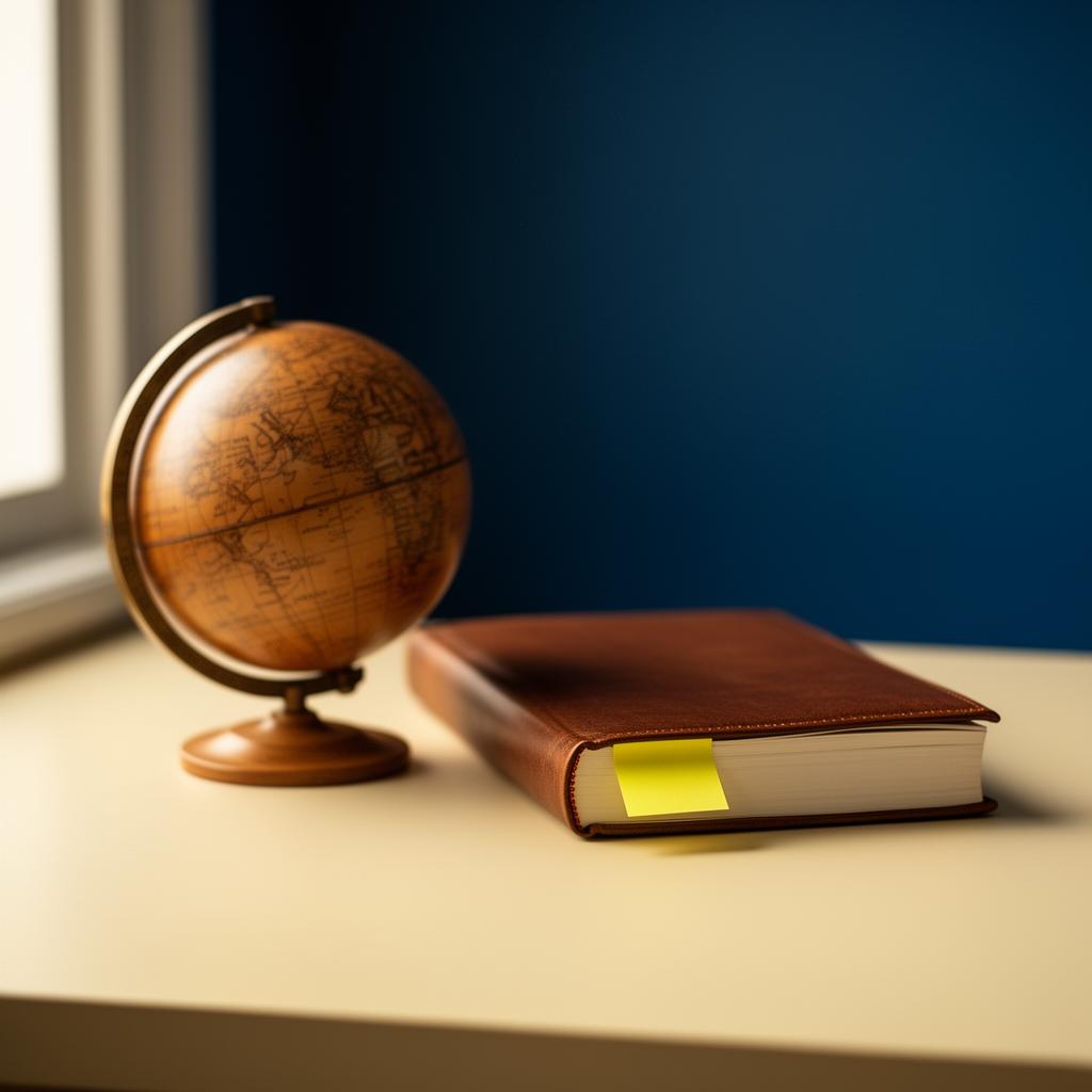 Holzglobus und Lederbuch mit gelbem Notizzettel auf cremefarbenem Schreibtisch