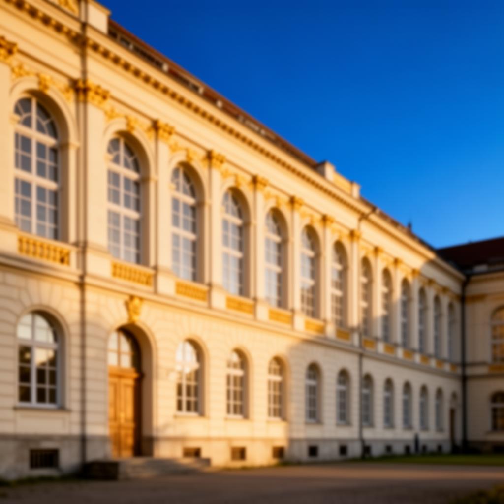 Klassische Gymnasium-Fassade mit Bogenfenstern in warmem Abendlicht