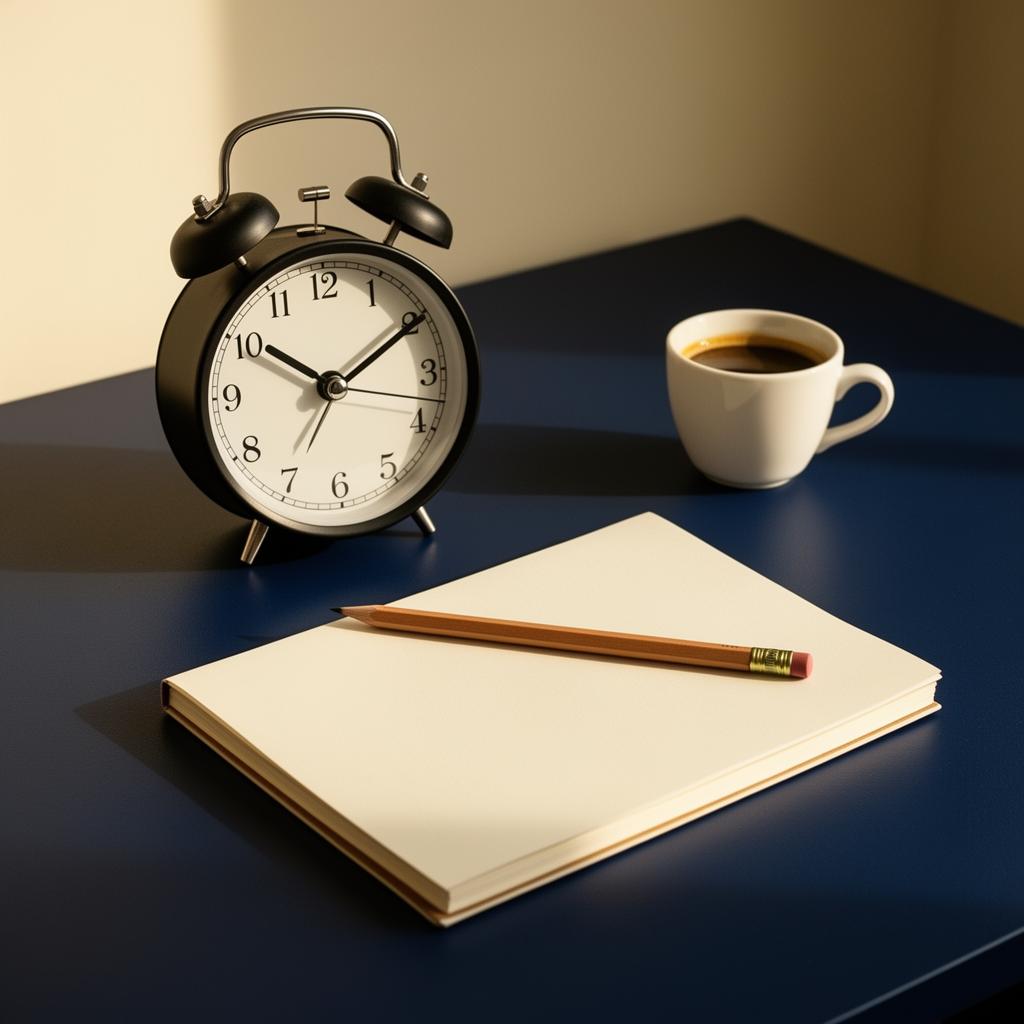 Wecker, aufgeschlagenes Notizbuch mit Bleistift und Espresso-Tasse auf dunkelblauem Schreibtisch